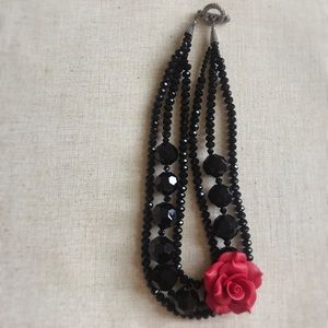 Faceted Black Glass 3 Strand Flower Necklace